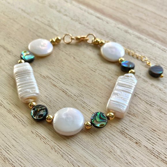 Bracelet Keshi Pearl Baroque and Abalone 18KT Gold, Handmade One of a kind - Picture 1 of 3